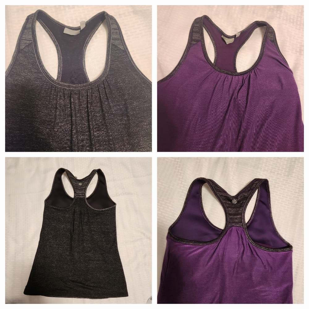 Two Athleta Royal Pigeon Layered Cinch Side Yoga Racer Back Tank Tops sz M - Picture 3 of 12